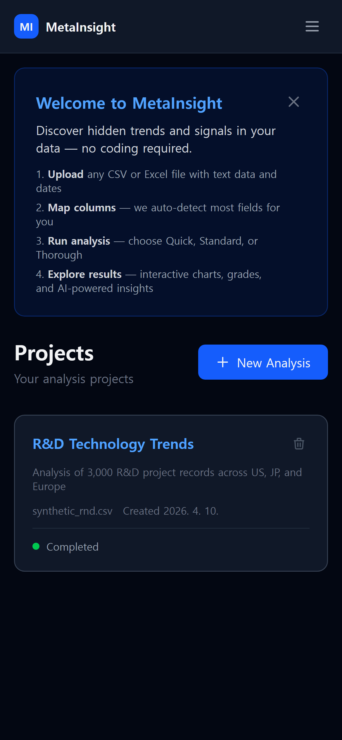 MetaInsight mobile projects screen